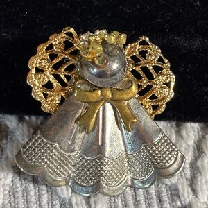 Gold & Silver Tone Mixed Texture Layered Metal ANGEL Brooch Pin 1.5" Halo Wings‎